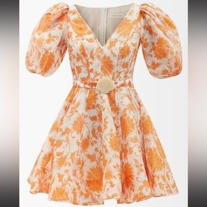 ZIMMERMANN Orange White Floral Linen Postcard Puff Sleeve Mini Dress Shell